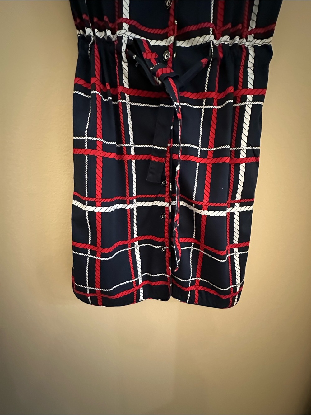 Talbots Navy Sleeveless Plaid Shirt Dress with Red and White Trim - Picture 9 of 16